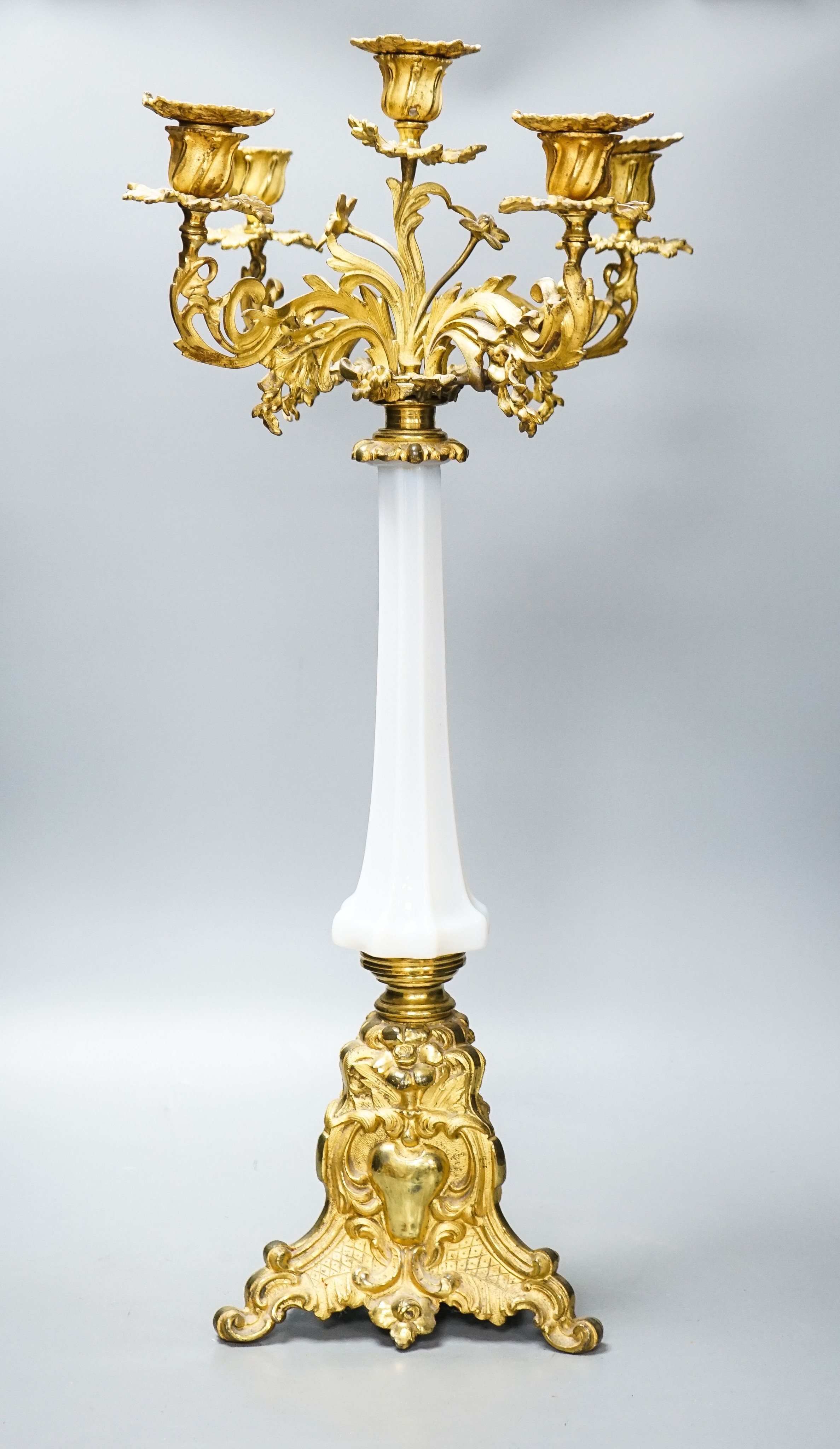 A 19th century ormolu and opaline glass five light candelabrum 63cm